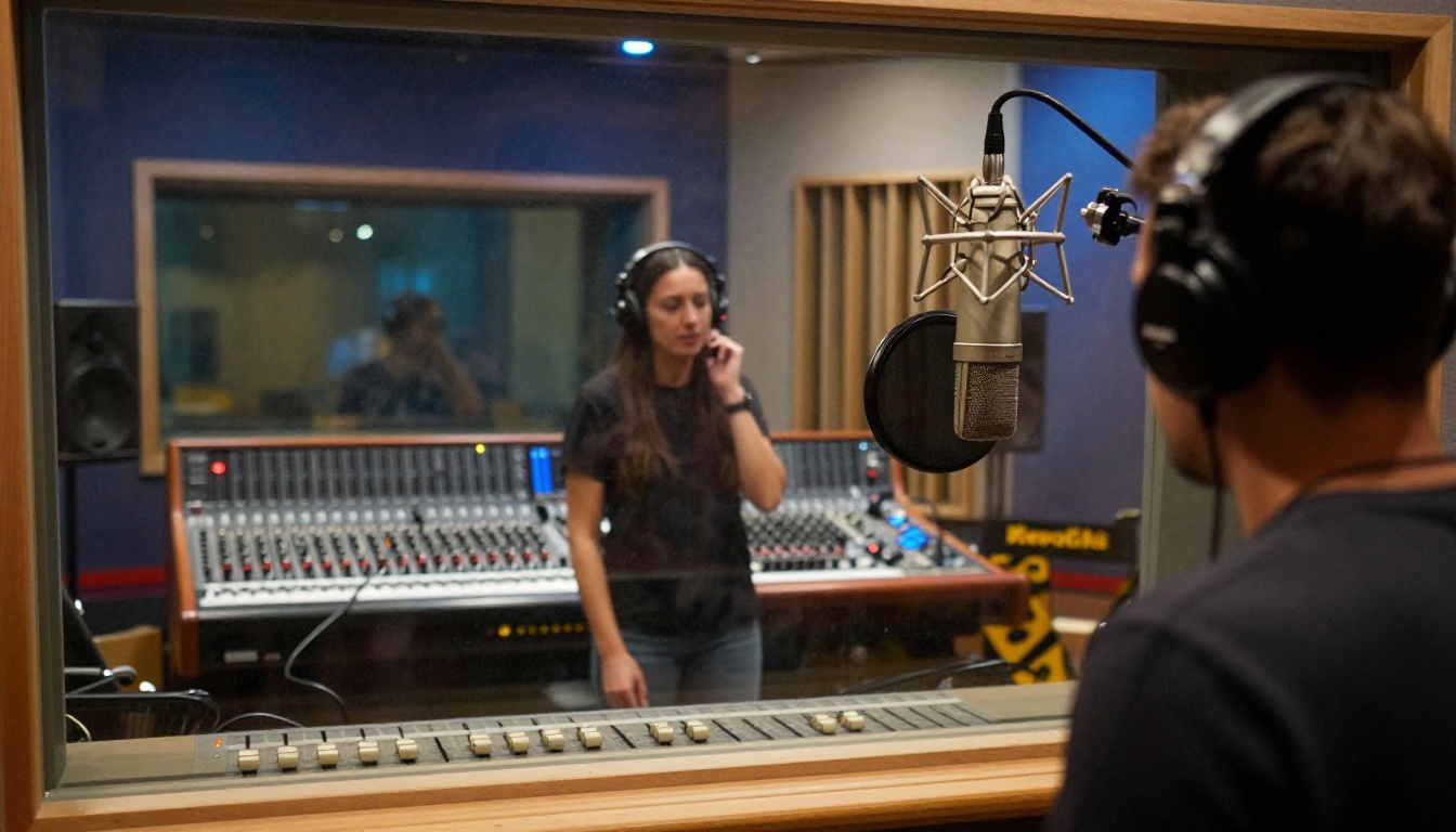 Sound recording booth with vocalist and mixing engineer Sound recording booth with vocalist and mixing engineer