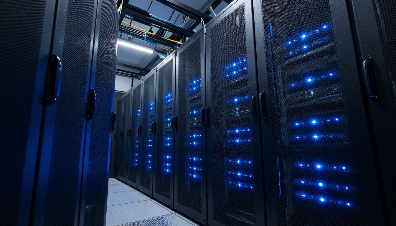 Low-angle shot of server racks in a modern data center lit with blue indicator lights