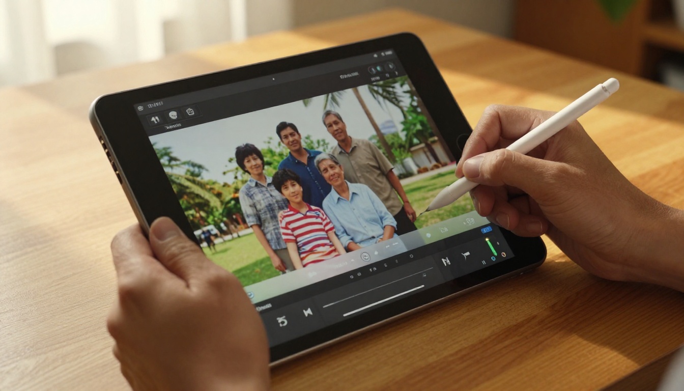 Person using tablet with stylus to interact with video restoration interface at home