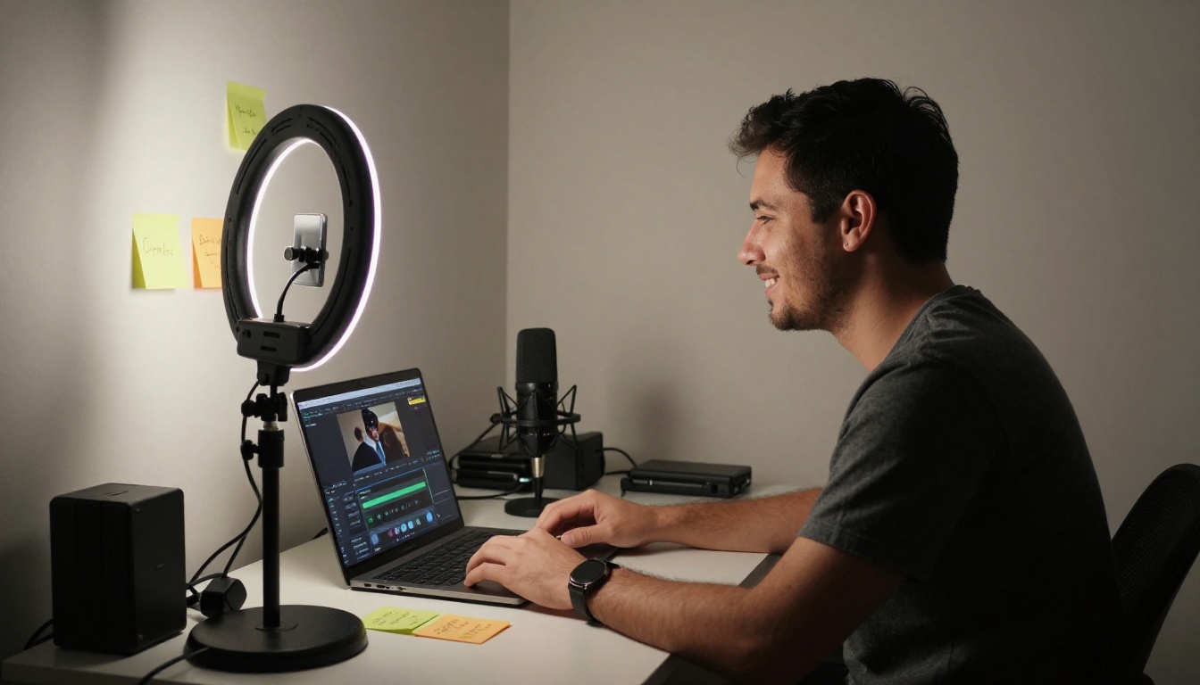 Content creator with ring light setup, laptop showing video export at 99 percent complete