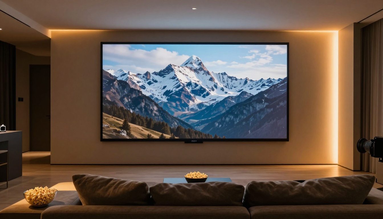 Modern home cinema room with OLED TV displaying crystal-clear 4K mountain landscape footage