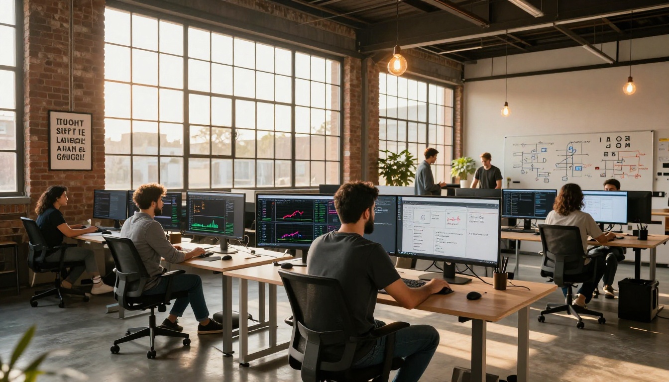 Language technology startup office with engineers at ultrawide monitors