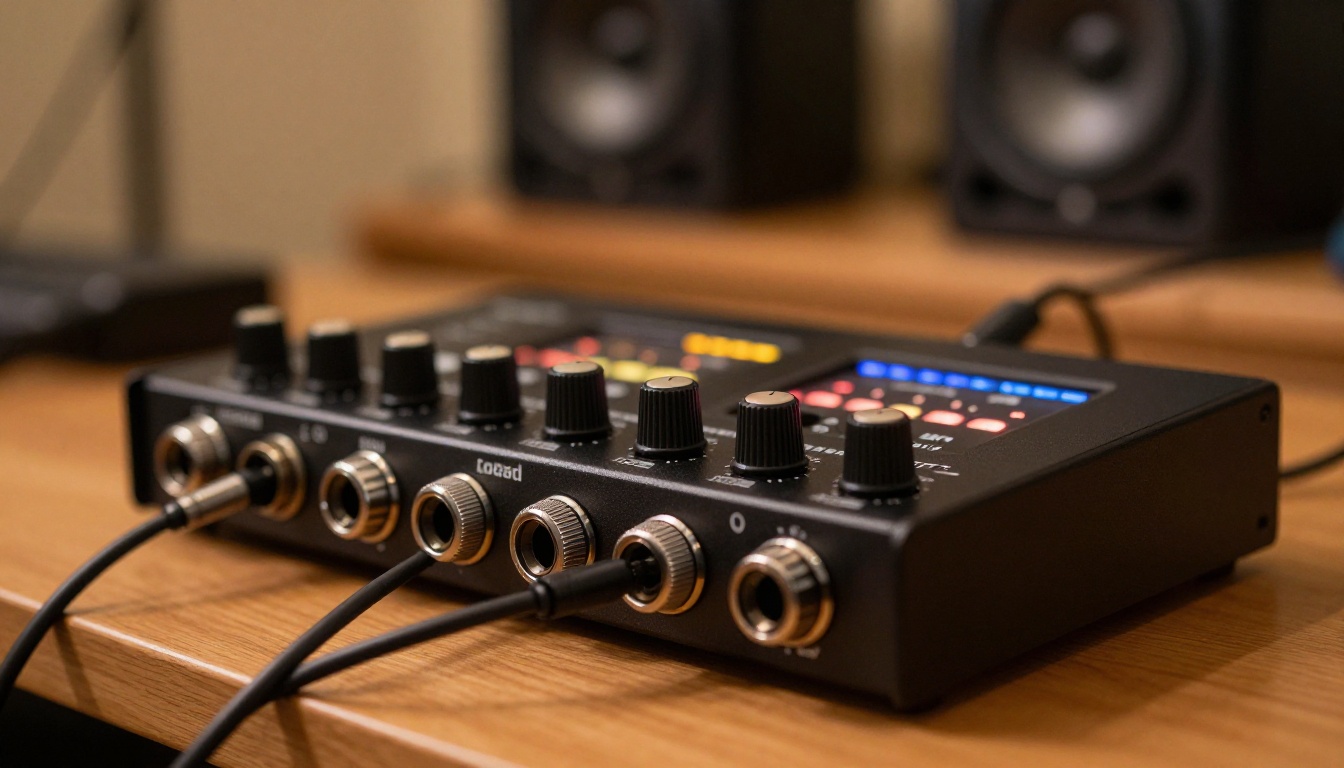 Close-up of professional audio interface with studio equipment Close-up of professional audio interface with studio equipment