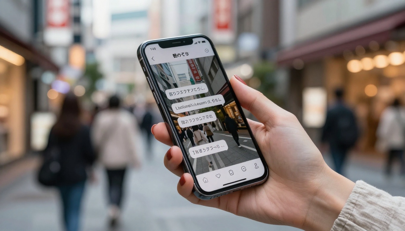 Smartphone displaying real-time translation app with Japanese street sign overlay
