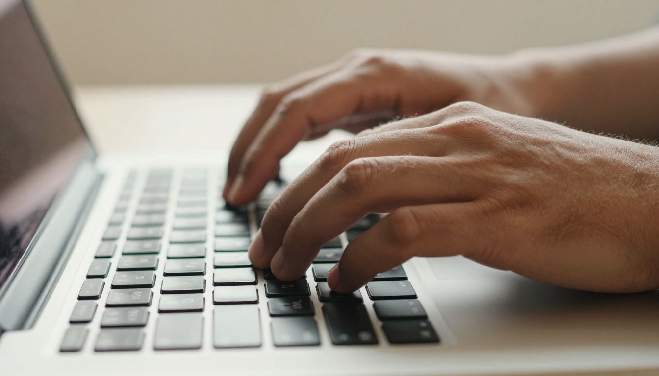 Professional hands typing on a laptop keyboard with soft natural window light