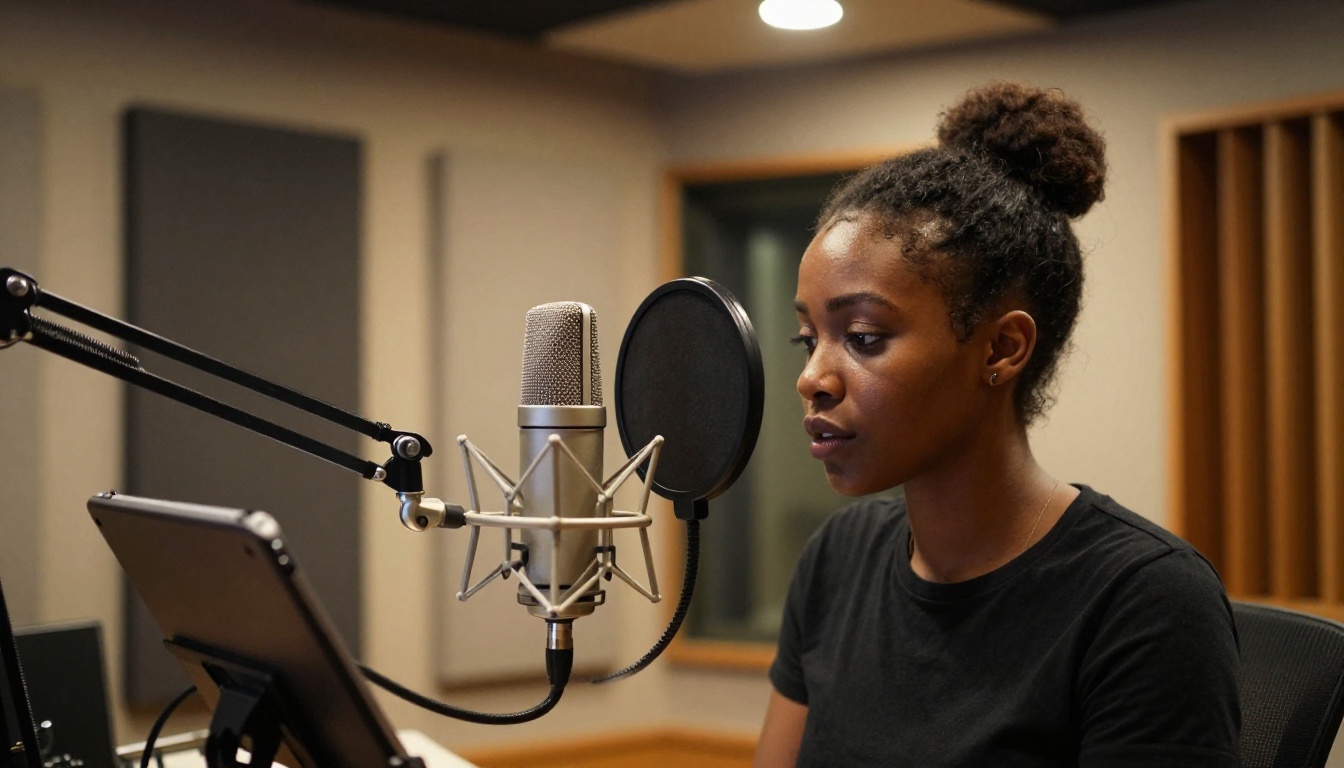 Professional recording studio with condenser microphone and voice artist Professional recording studio with condenser microphone and voice artist