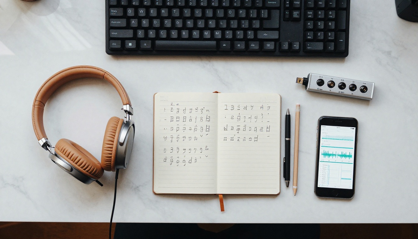 Overhead flat-lay of music production tools including headphones and audio equipment Overhead flat-lay of music production tools including headphones and audio equipment