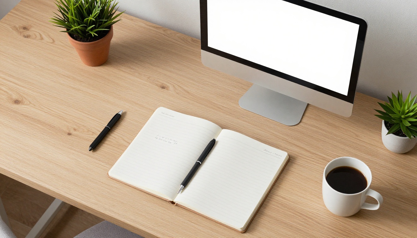 Aerial overhead view of a modern workspace desk with laptop, notebook, and coffee