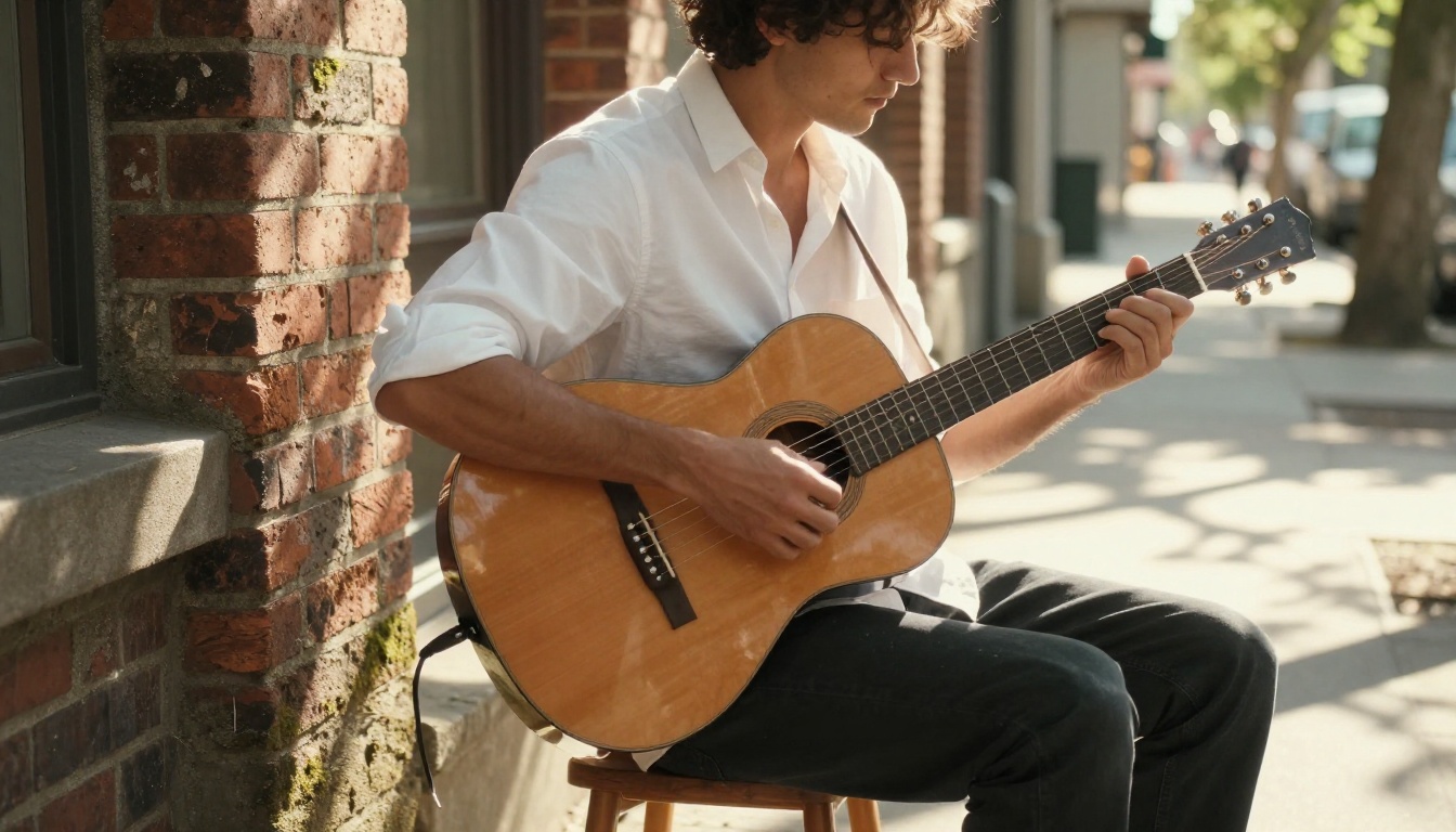 Street musician playing acoustic guitar in warm golden hour light Street musician playing acoustic guitar in warm golden hour light