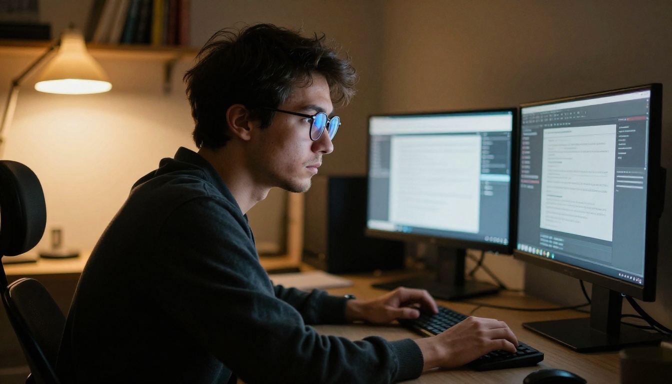 Young man with glasses studying data on multiple monitors in a dimly lit home office
