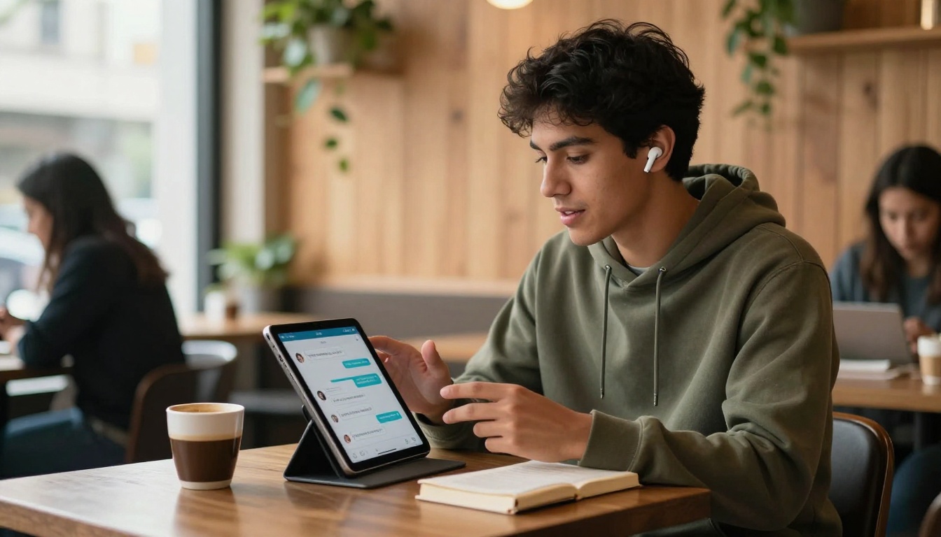Student using AI language learning app on a tablet in a cafe Student using AI language learning app on a tablet in a cafe