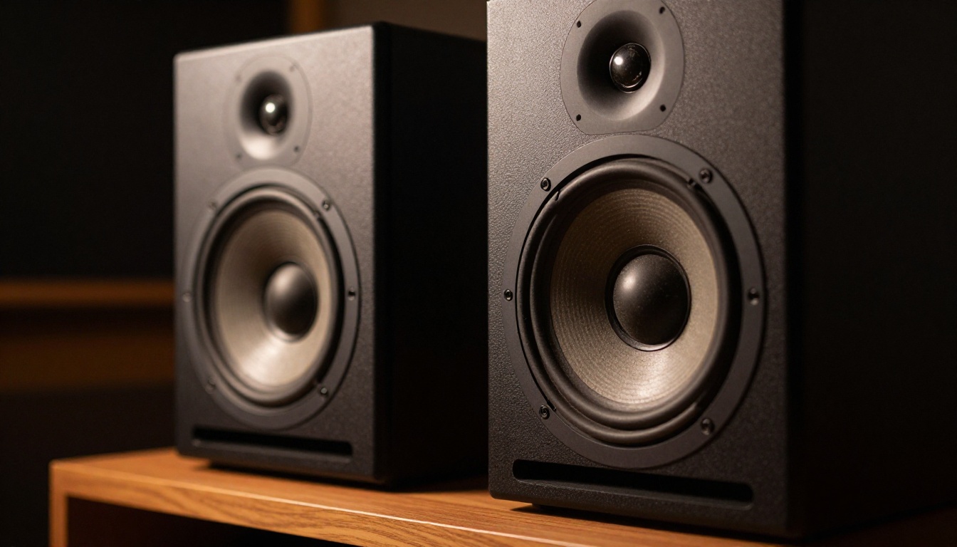 Studio monitor speakers on a professional mixing desk Studio monitor speakers on a professional mixing desk