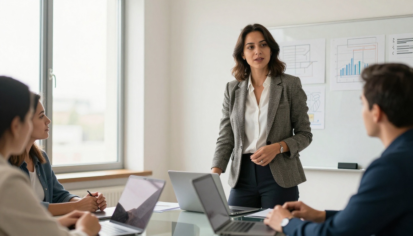 Professional woman presenting to a small team in a modern conference room with natural daylight Professional woman presenting to a small team in a modern conference room with natural daylight