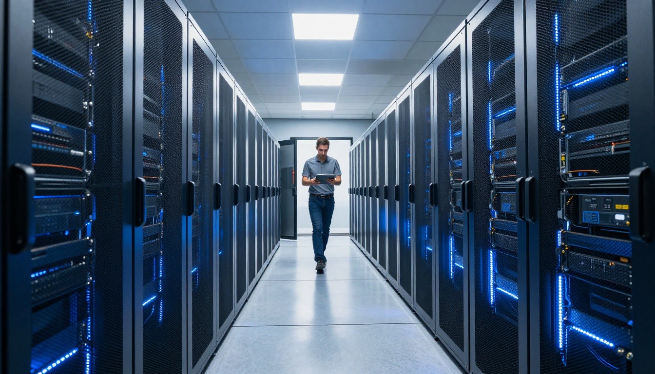 Modern data center server room with rows of illuminated hardware racks and a technician