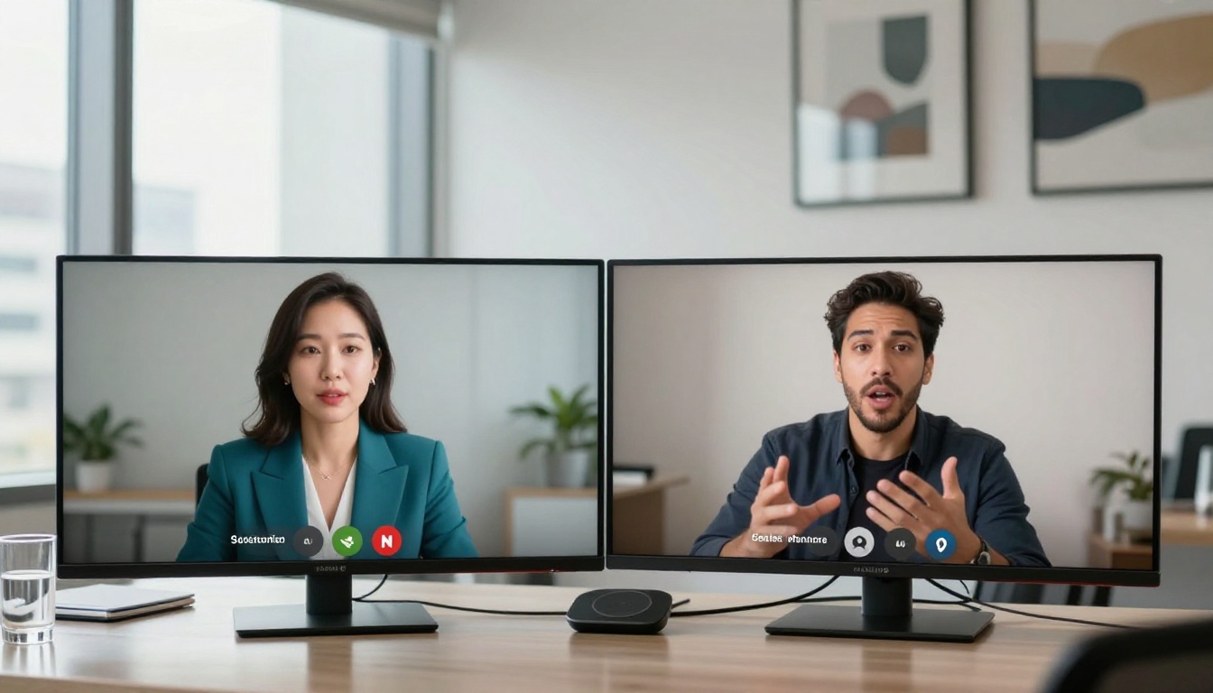 Korean businesswoman on a cross-cultural AI-captioned video call Korean businesswoman on a cross-cultural AI-captioned video call