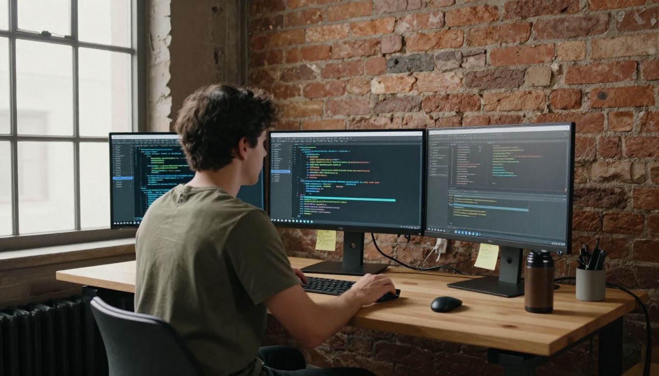 Software developer at a standing desk with three monitors showing code in a loft space Software developer at a standing desk with three monitors showing code in a loft space