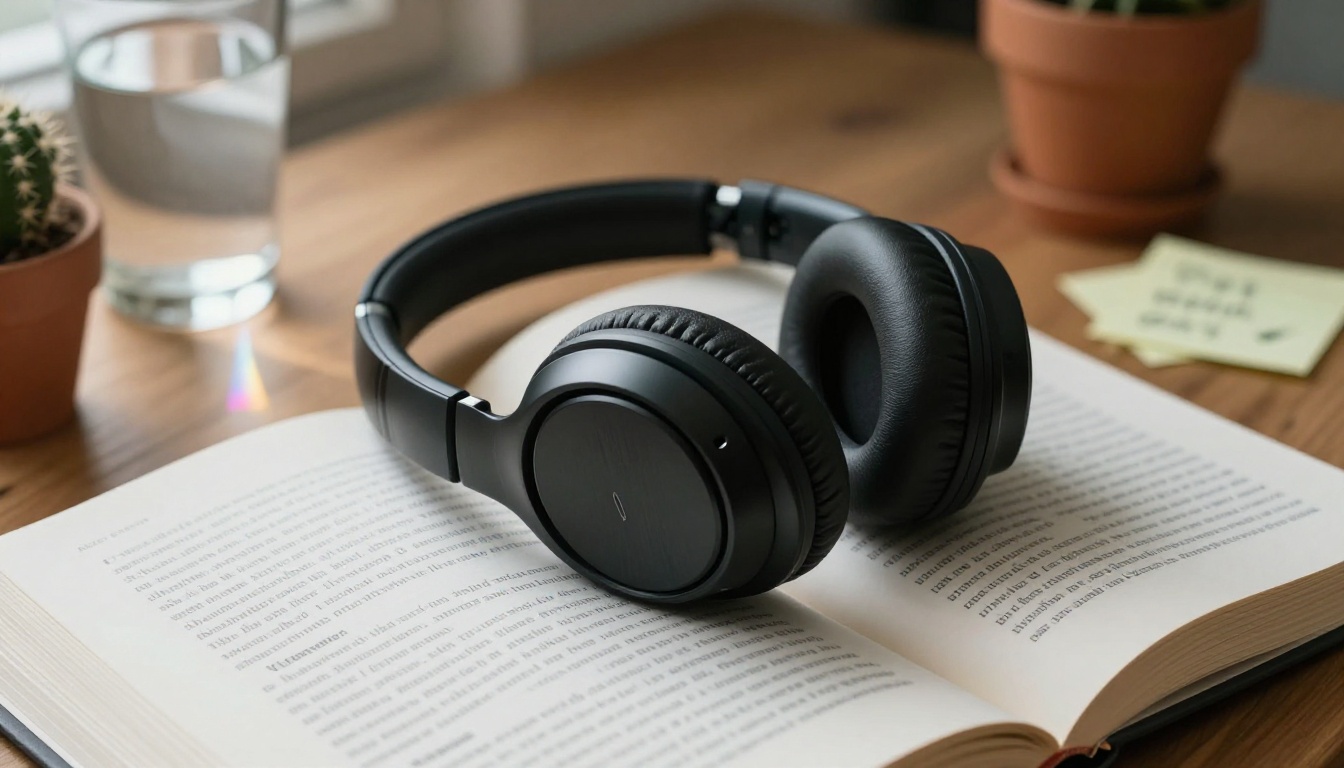 Over-ear headphones resting on a multilingual open book with sticky notes Over-ear headphones resting on a multilingual open book with sticky notes