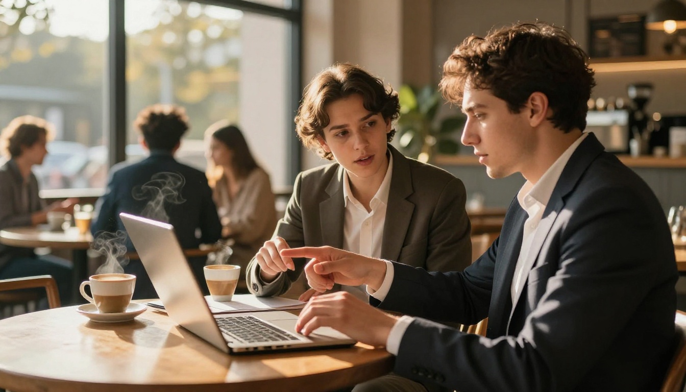 Two business professionals discussing work over laptops at a modern cafe in golden hour light Two business professionals discussing work over laptops at a modern cafe in golden hour light