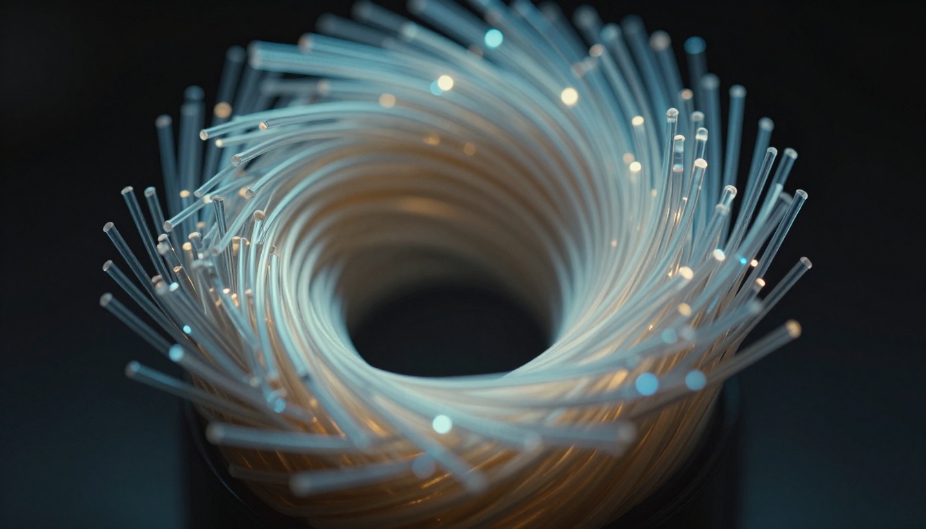 Close-up macro photograph of fiber optic cable bundle showing individual glass strands with light transmission Close-up macro photograph of fiber optic cable bundle showing individual glass strands with light transmission