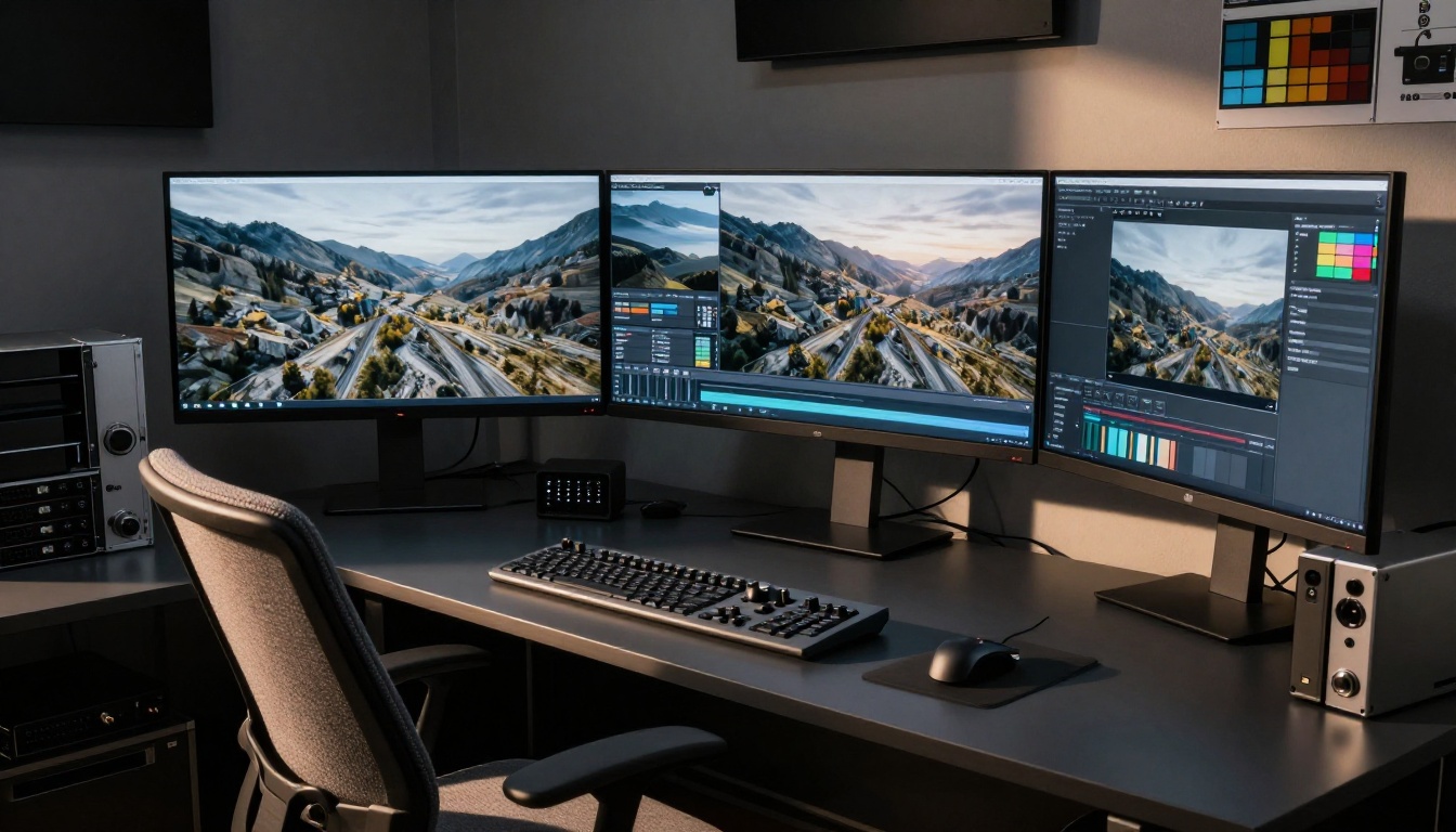 Cinematic video editing suite with dual ultrawide monitors