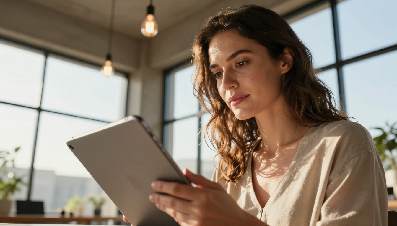 Woman using tablet to browse AI-generated video clips