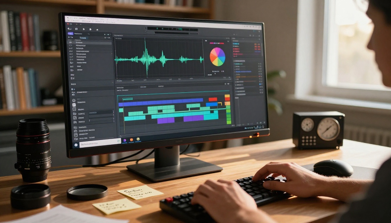 Video timeline editor on large 4K monitor