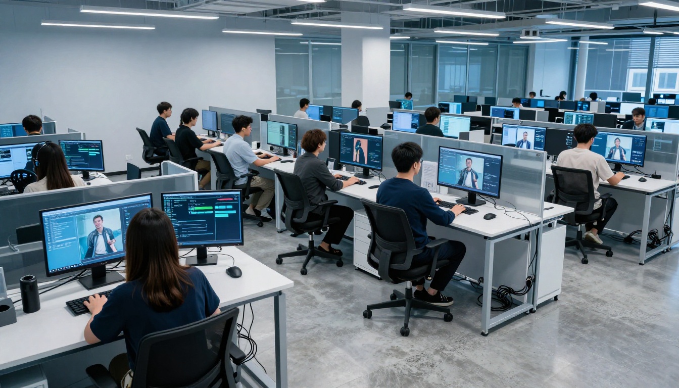 Modern AI research lab with video workstations