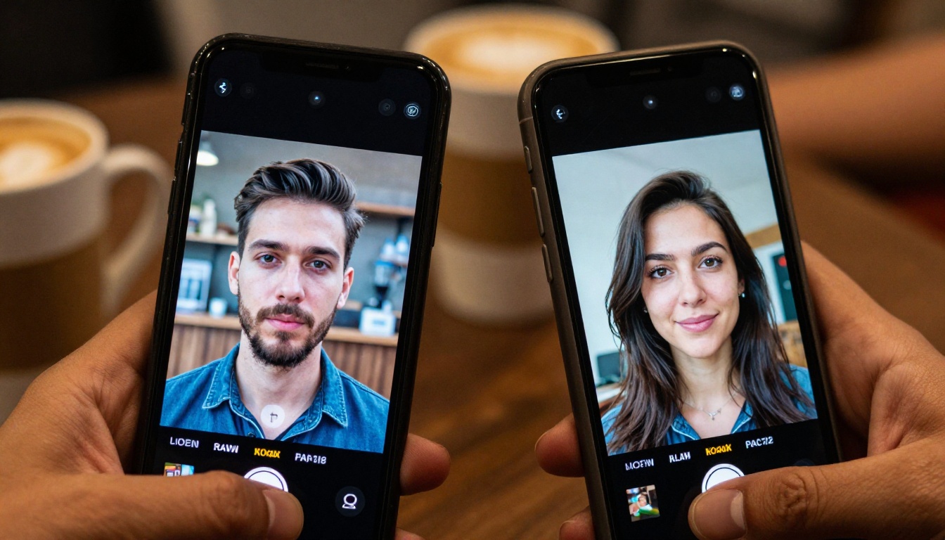 Two smartphones side by side showing AI video previews