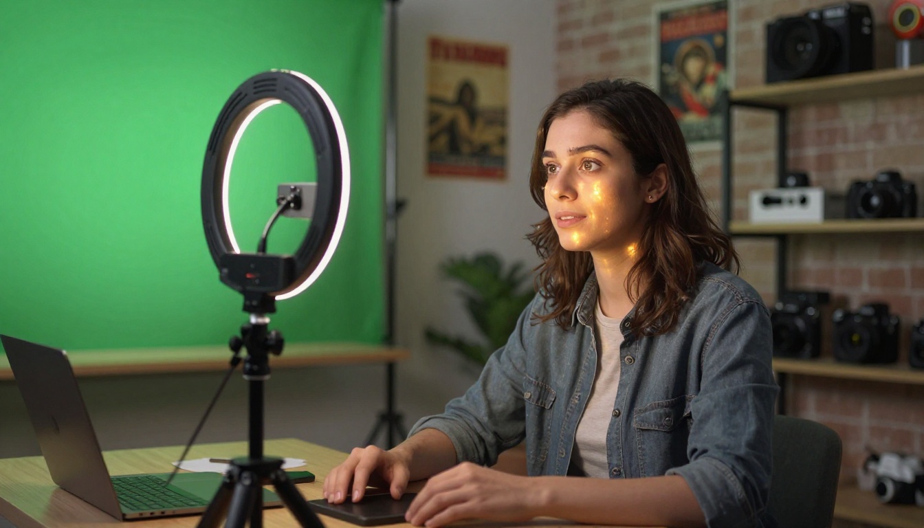 Content creator at standing desk recording video review