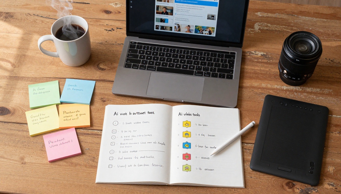Overhead desk flat-lay with comparison chart and laptop