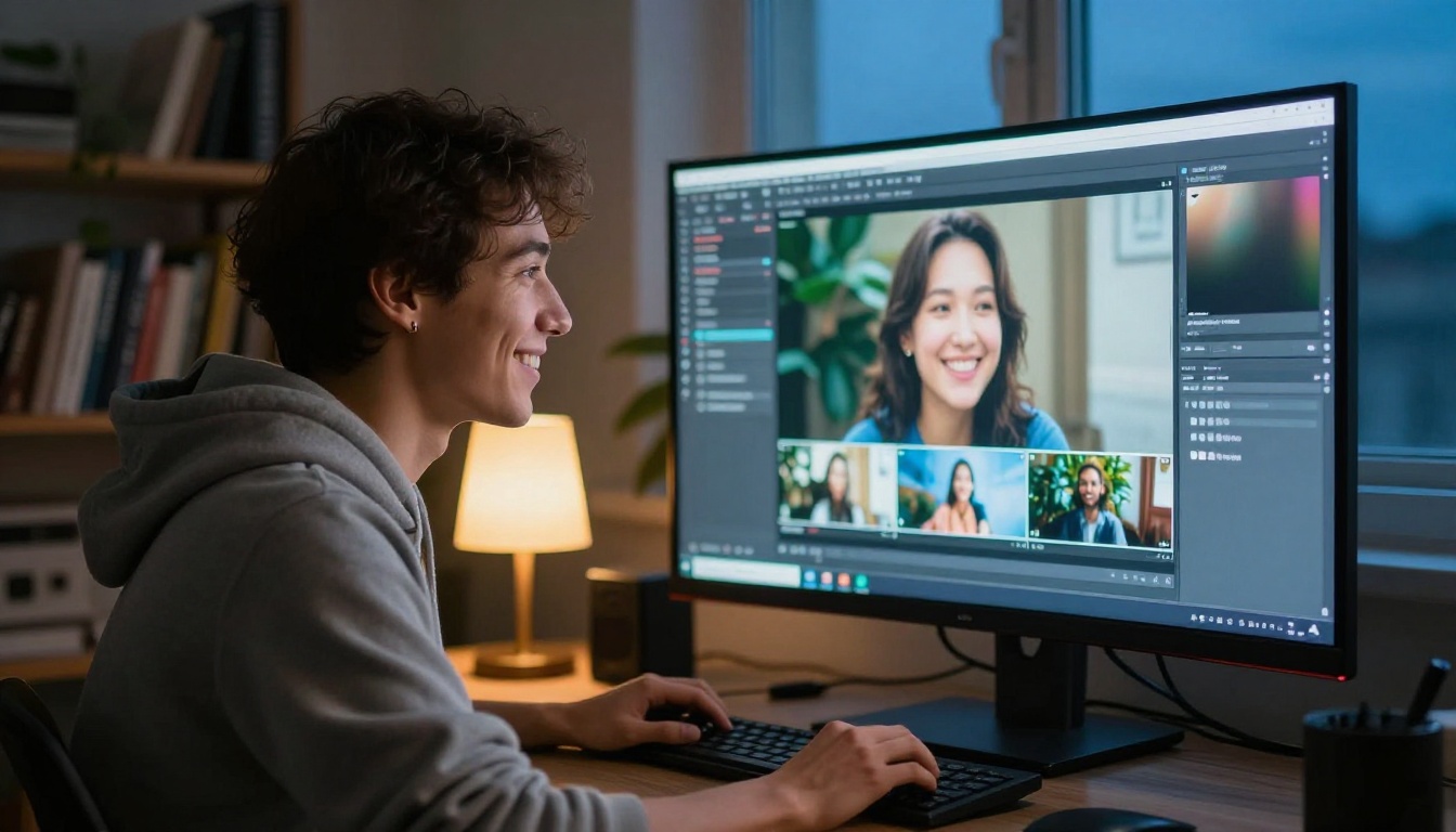 Digital artist watching AI video playback on curved monitor