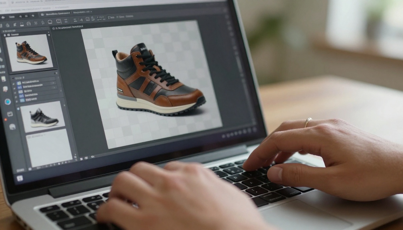 Hands typing on laptop showing AI background removal tool running in browser