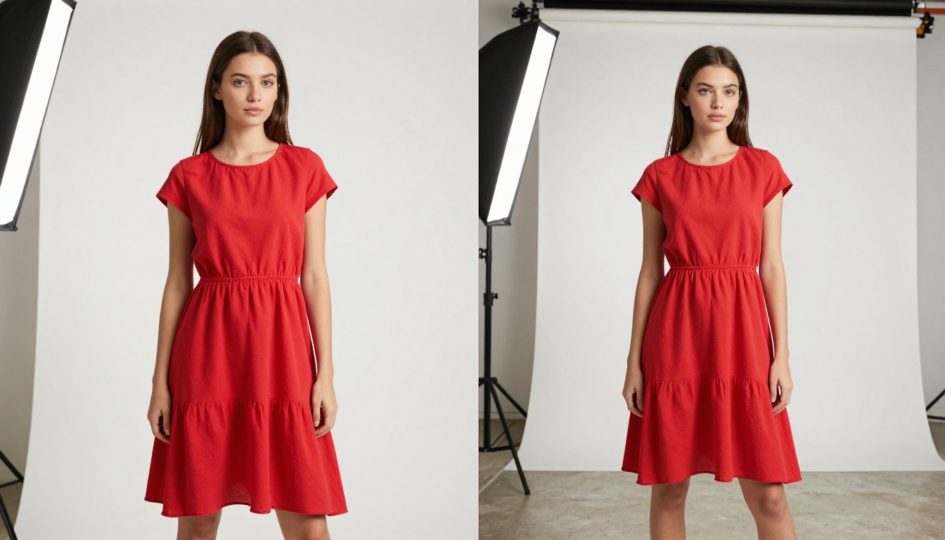 Fashion model with red dress showing side-by-side AI background removal result