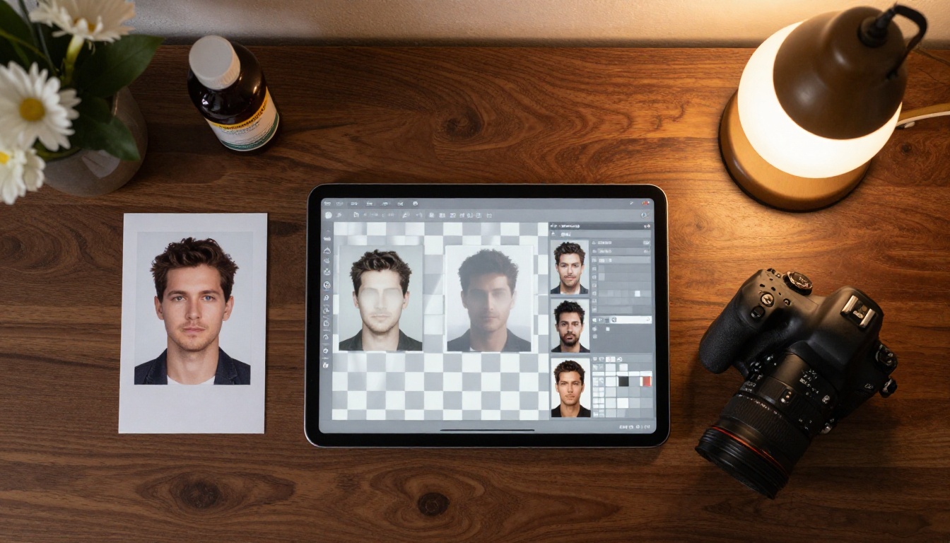 Overhead flat lay of designer workspace with product photos in different stages of AI background removal