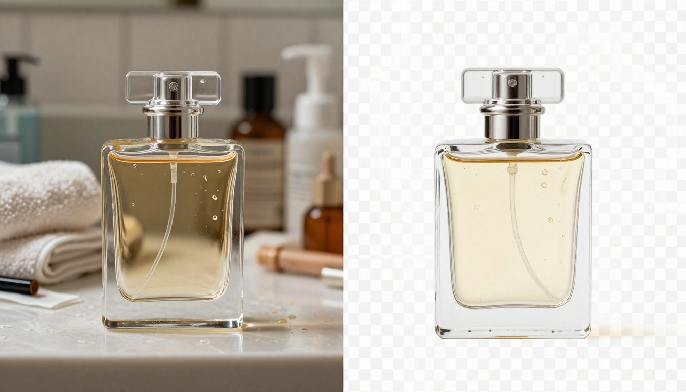 Glass perfume bottle before and after AI background removal showing transparent PNG output