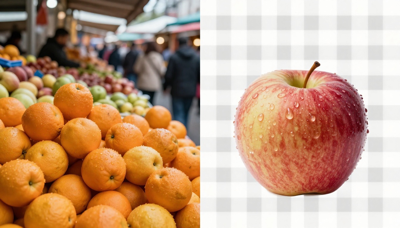 Fruit market before and after AI background removal showing transparent PNG result