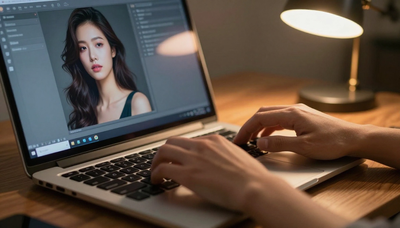 A person typing prompts into an AI image generator on a laptop, the screen displaying a stunning photorealistic portrait output, warm studio desk lamp light, Kodak Portra 400 film aesthetic, 8K