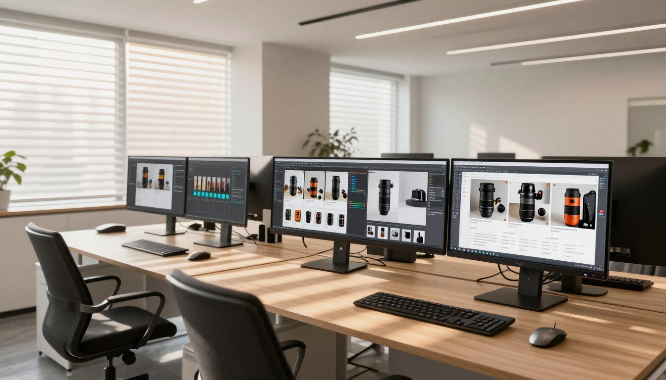 Modern office with multiple monitors showing batch AI background removal processing pipeline
