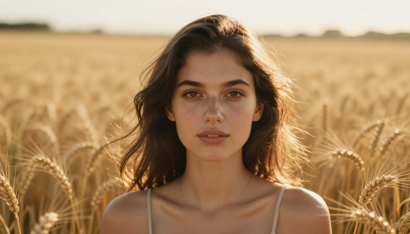 Photorealistic portrait of a young woman with dark chestnut hair standing in a sun-drenched golden wheat field, 85mm f/1.8 lens, Kodak Portra 400 film grain, 8K photography