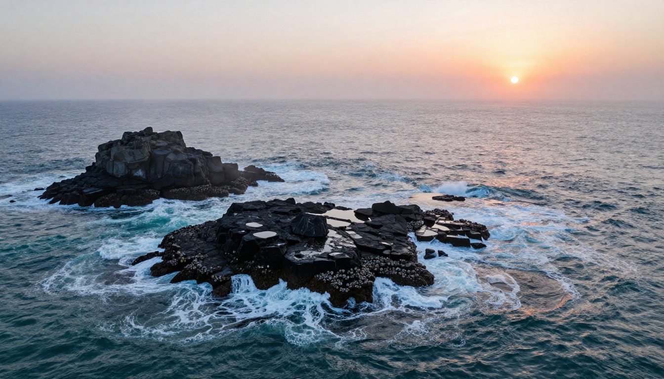 Aerial view of a dramatic rocky coastline at sunrise, crashing white-foam waves against dark basalt sea stacks, deep teal ocean, peach-pink sky, drone photography style, 8K photorealistic