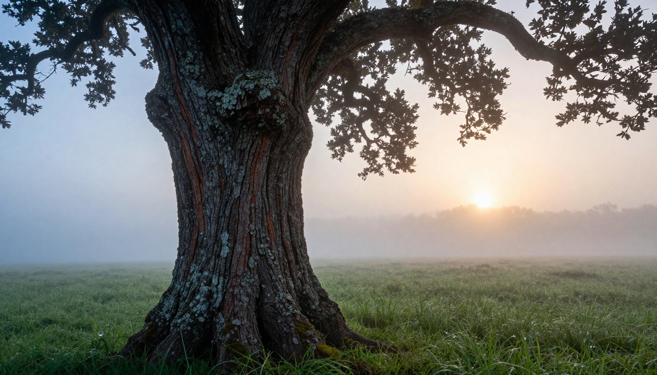 Low-angle view of an ancient oak tree in a mist-covered meadow at dawn, gnarled bark with extraordinary texture detail, backlit amber sunrise, 24mm f/2.8 wide-angle, Kodak Portra 400, 8K RAW photography