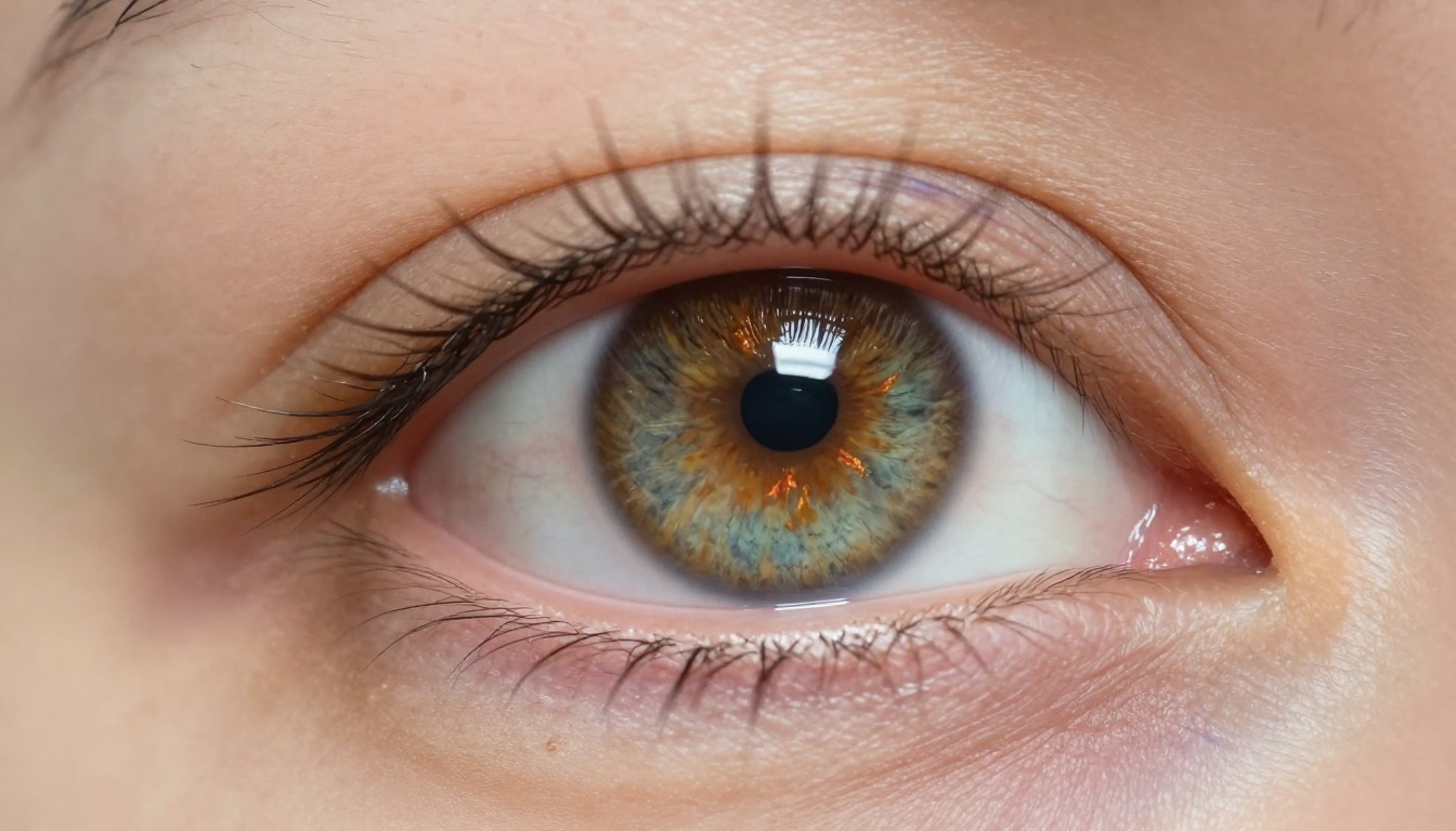 Macro photography of a woman's eye with extraordinary iris detail, amber-green fiber patterns, natural catchlight, 100mm macro lens, Kodak Portra 400 grain, 8K photorealistic