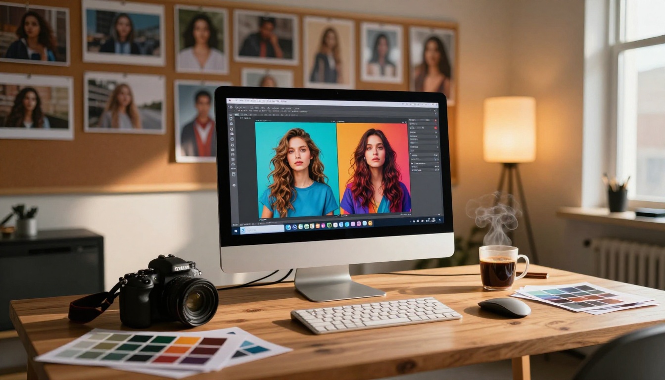Professional photographer's studio workspace with iMac showing an AI image comparison interface, warmly lit with softboxes, printed AI-generated images pinned to a corkboard, 35mm f/1.8, Kodak Portra 400