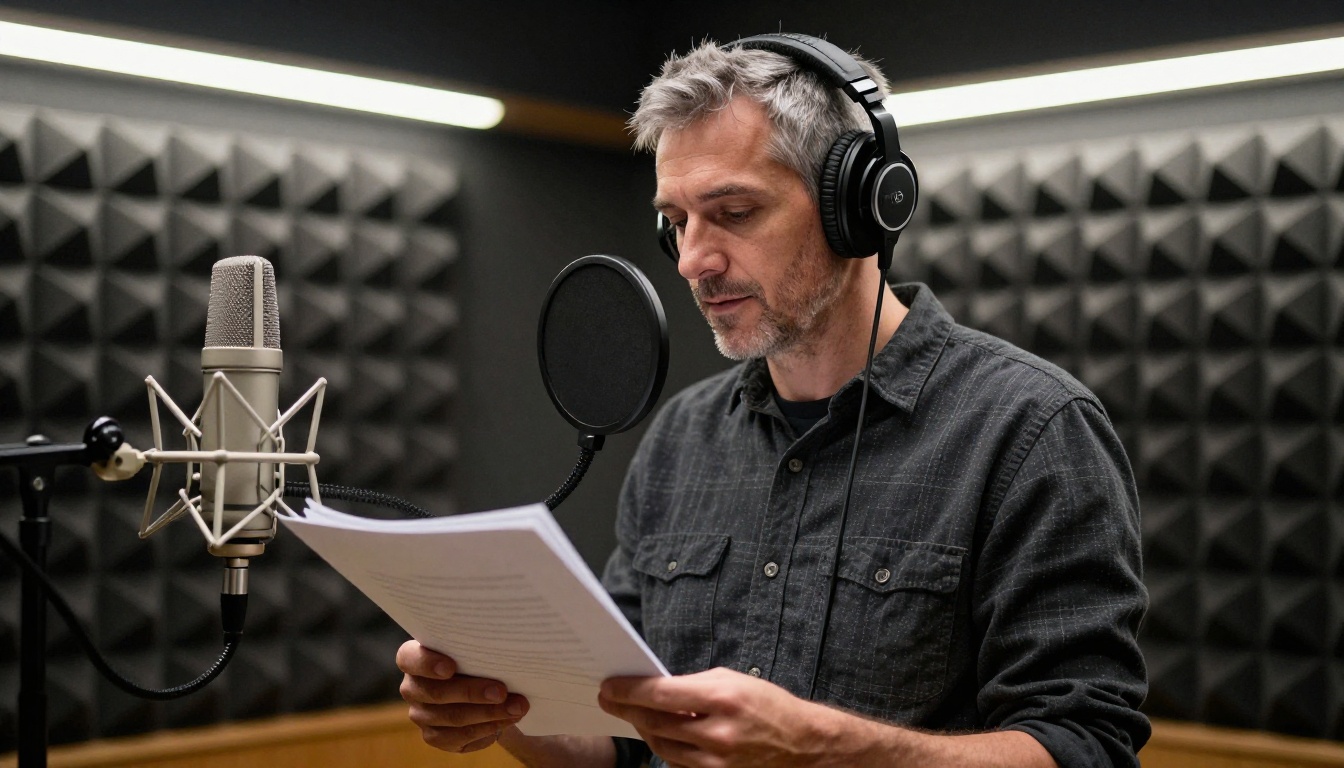 Professional voice-over artist in a recording booth with acoustic foam and a condenser microphone