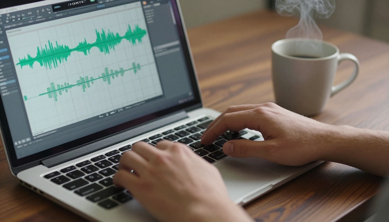 AI music creator at laptop workspace AI music creator at laptop workspace