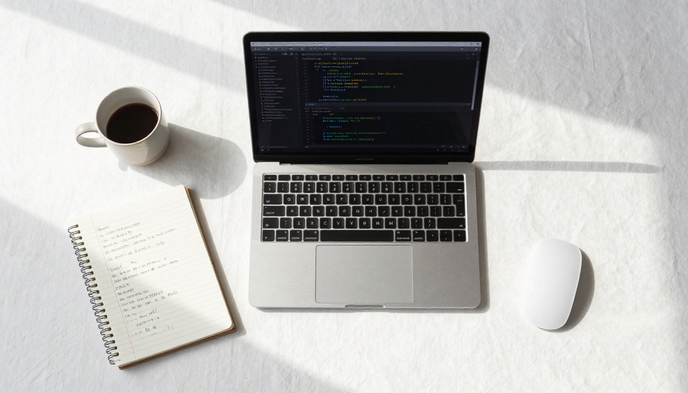 Aerial flat-lay of developer workspace with notebook benchmarks and laptop showing code