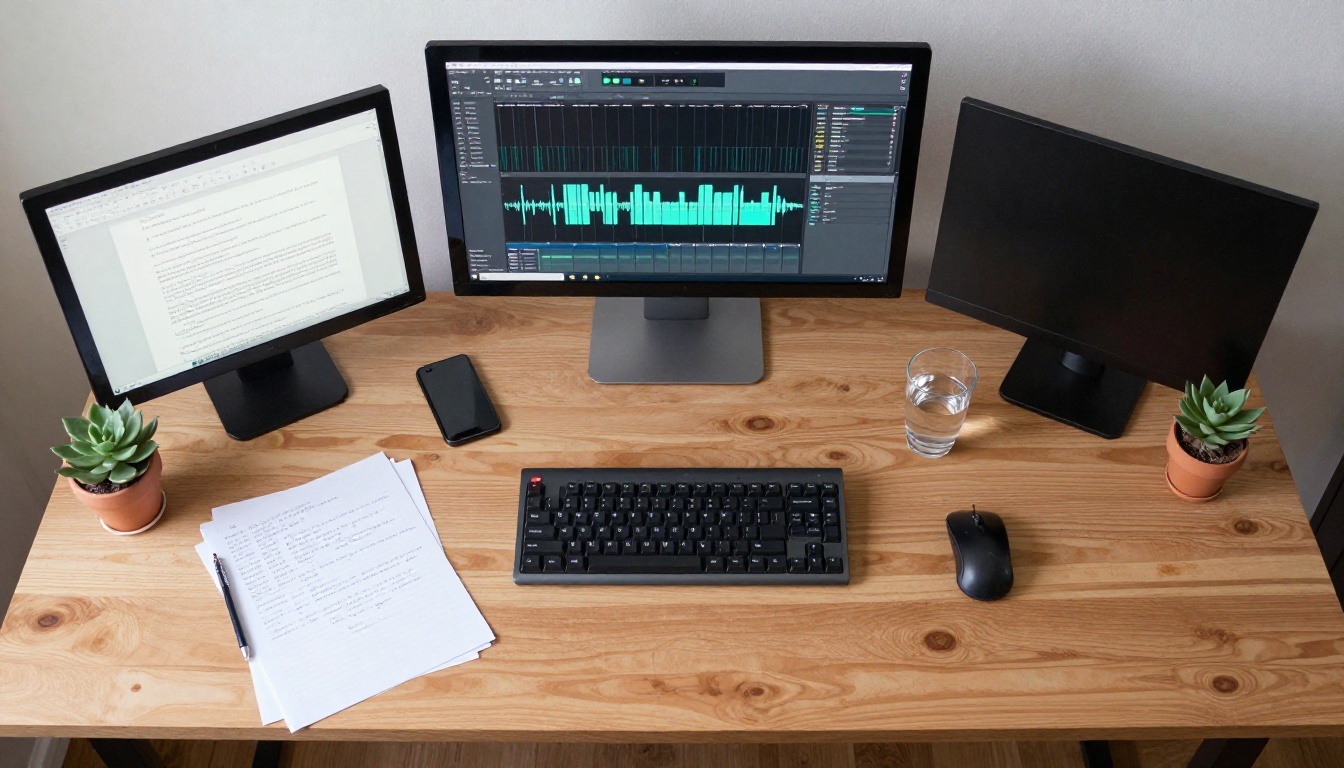 Aerial bird's-eye view of a multi-screen content creator workspace
