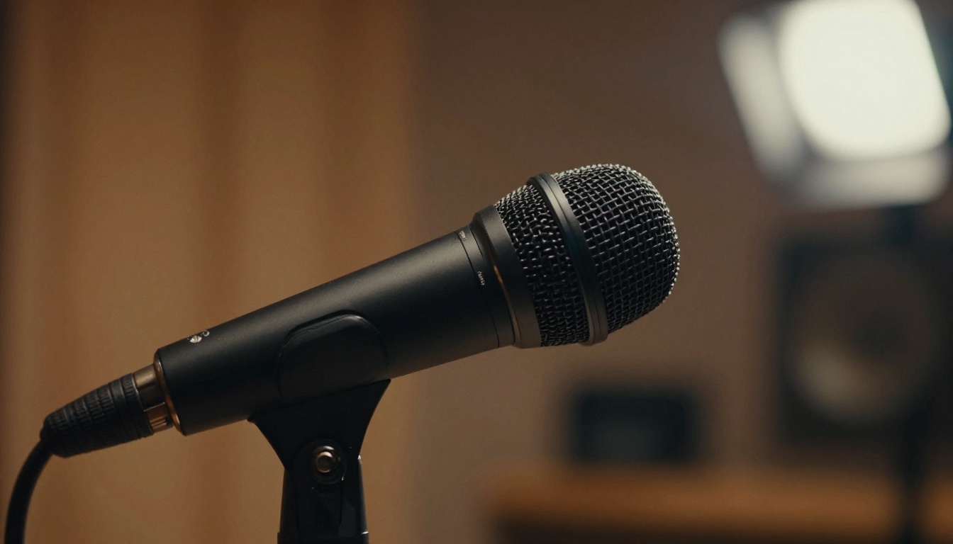 Dramatic close-up of a professional matte black microphone in warm amber studio lighting