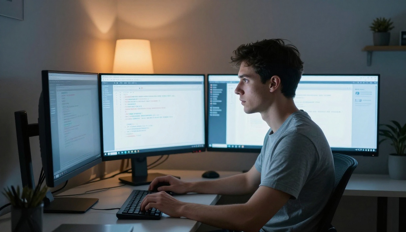 Developer focused on ultrawide monitor with side-by-side AI interfaces glowing in dim office