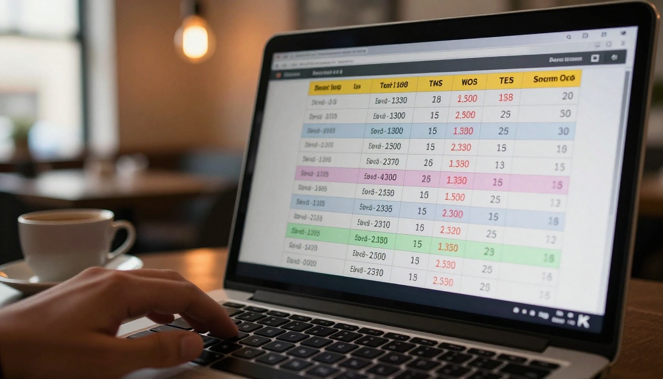 Benchmark comparison table on laptop screen in coffee shop with warm light